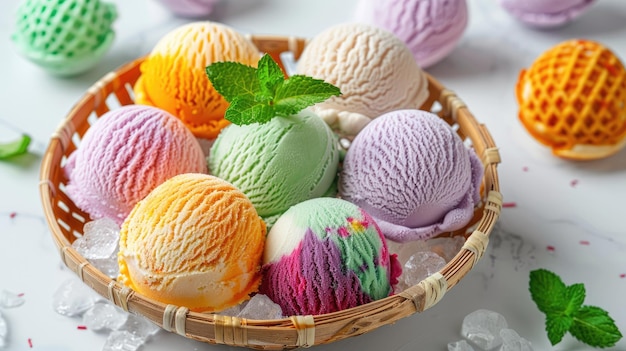 a basket of different colors of ice creams