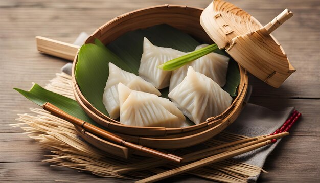 Photo a basket of dumplings with chopsticks on a table