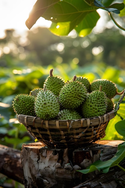 A basket of durian fruit rests on a tree stump in a natural setting