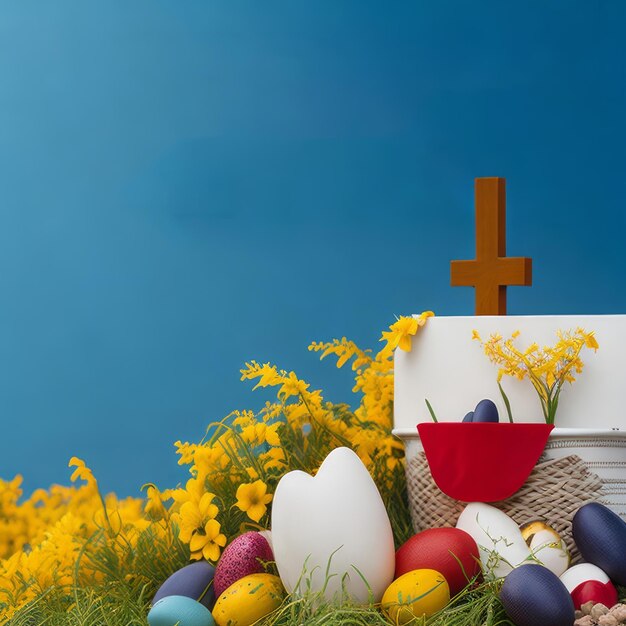 A basket of easter eggs and a cross with a cross on it.