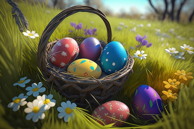 A basket of easter eggs in a field of flowers