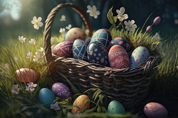 A basket of easter eggs in a field of grass with flowers in the background.