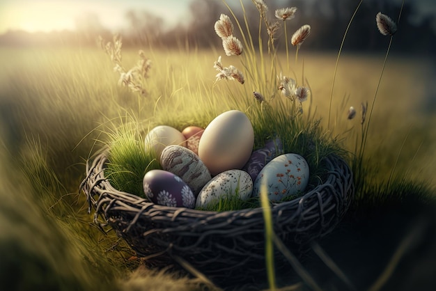 A basket of Easter eggs on a flowery green meadow Easter greeting card design