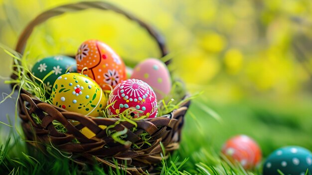 Basket of easter eggs on green grass at sunny day Pastel colors Spring and summer