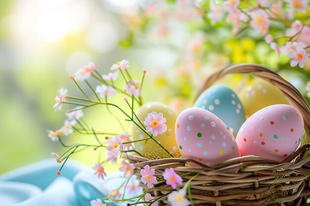 Basket of easter eggs on green grass at sunny day Pastel colors Spring and summer