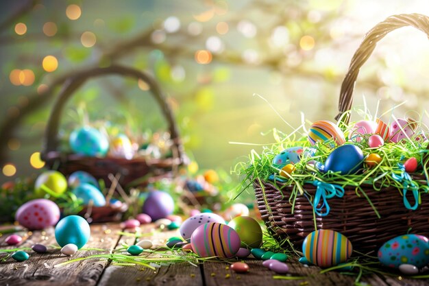 Basket of easter eggs on green grass at sunny day