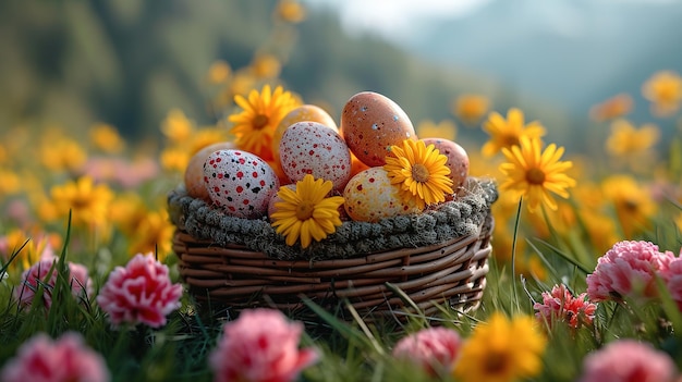 Basket of easter eggs on green grass at sunny day