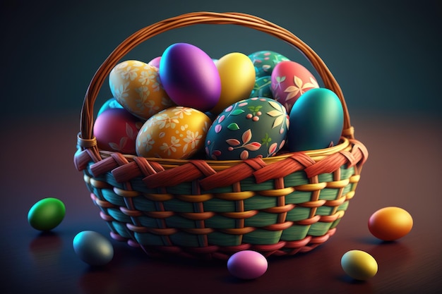 A basket of easter eggs is shown with a colorful pattern.