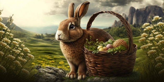 A basket of easter eggs is sitting on a hill.