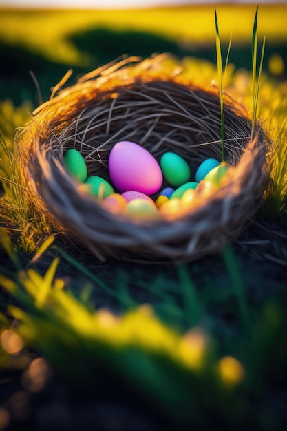 A basket of easter eggs sits on the grass.