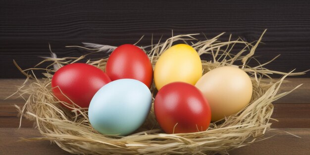 A basket of easter eggs sits on straw.