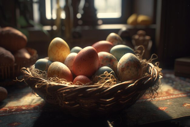 A basket of easter eggs sits on a table in a dark room.