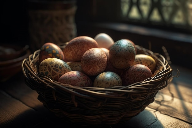 A basket of easter eggs sits on a table in front of a window.