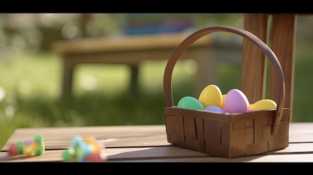 A basket of easter eggs sits on a table in a park.