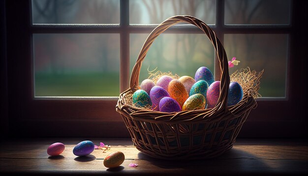 A basket of easter eggs sits on a window sill