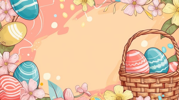 Basket of Easter eggs Spring floral easter background Blank space for text
