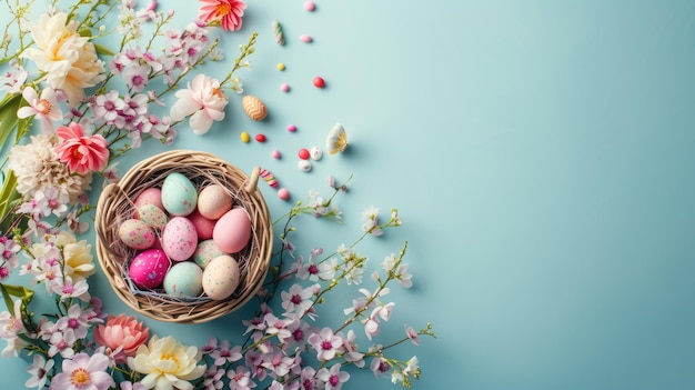 Корзина с пасхальными яйцами Весенний цветочный пасхальный фон Пустое место для текста