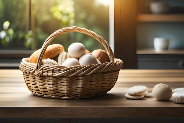 Basket of easter eggs on a table with a window in the background