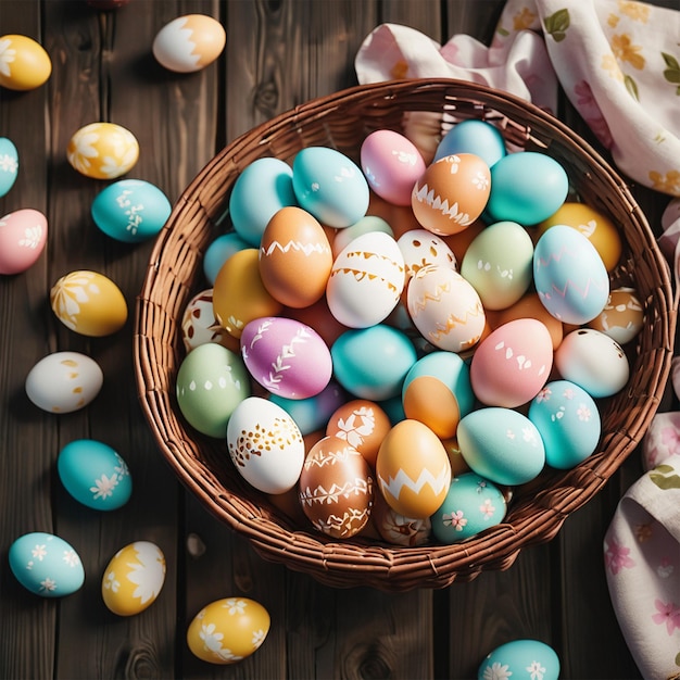 Foto un cesto di uova di pasqua sul tavolo