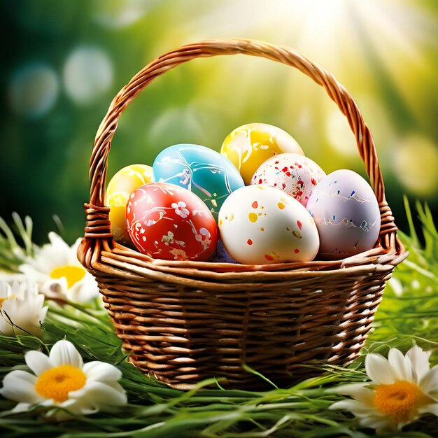 a basket of easter eggs with a basket of easter eggs in the background