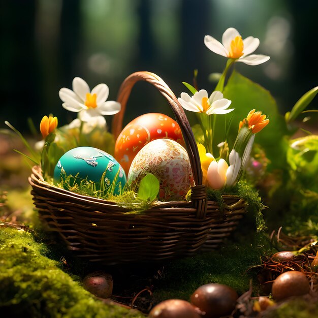 a basket of easter eggs with a basket of eggs in it