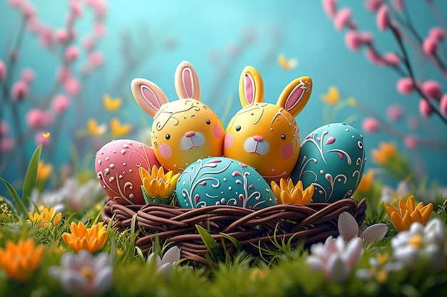 a basket of easter eggs with bunny ears and bunny ears