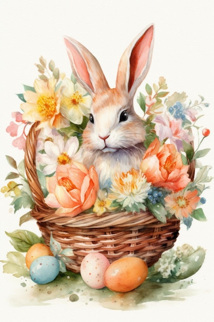 A basket of easter eggs with a bunny in it.