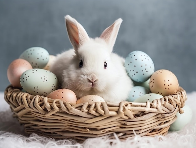 A basket of easter eggs with a bunny in it