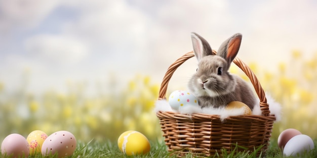 A basket of easter eggs with a bunny in it