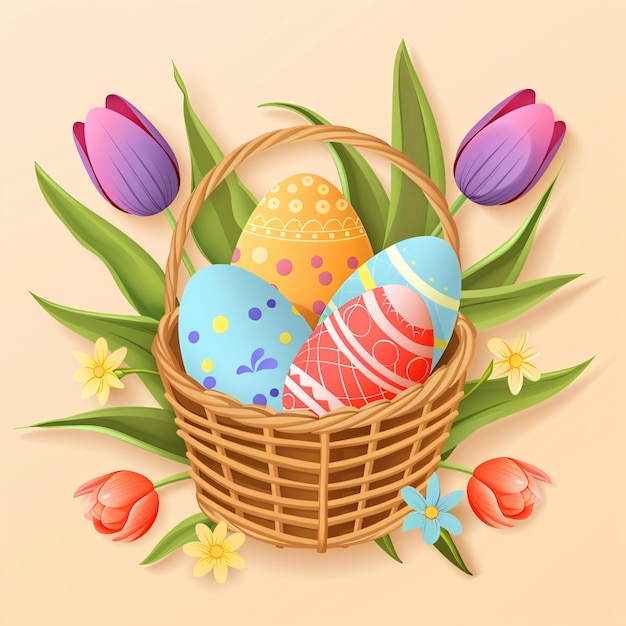 a basket of easter eggs with a bunny on the top