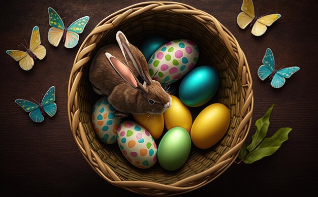 A basket of easter eggs with butterflies on the top