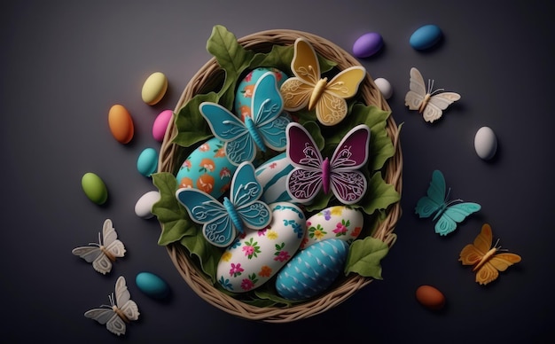 A basket of easter eggs with butterflies on the top