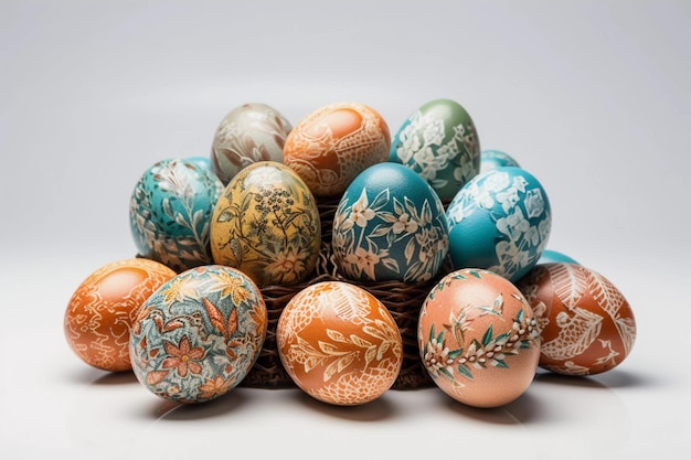 A basket of easter eggs with colored patterns