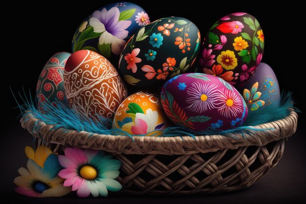 A basket of easter eggs with a flower on the bottom