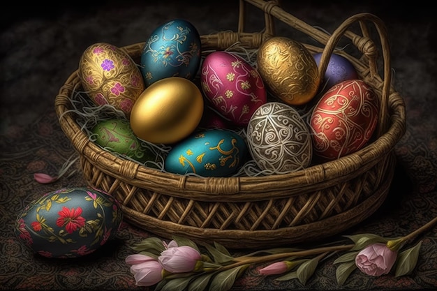 A basket of easter eggs with a flower on the bottom.