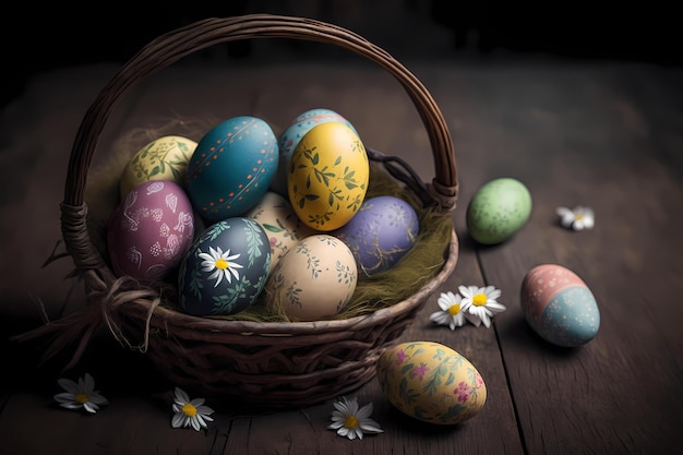 A basket of easter eggs with a flower pattern on it