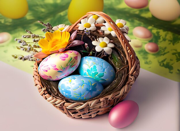 A basket of easter eggs with a flower