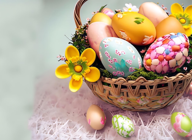 A basket of easter eggs with a flower