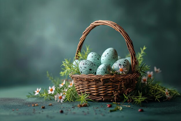 Basket of easter eggs with flowers in the background