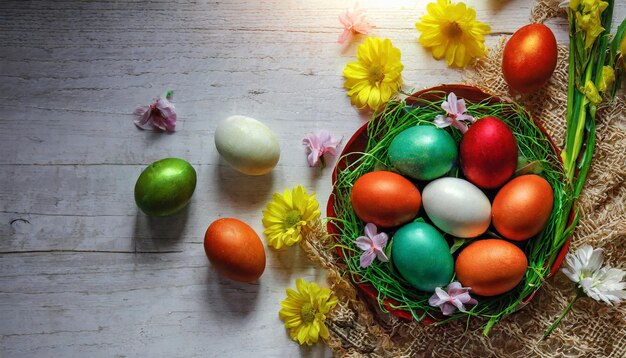 a basket of easter eggs with flowers and a basket of easter eggs