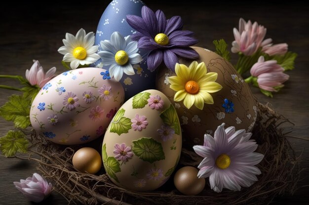 A basket of easter eggs with flowers and a daisy on the bottom.