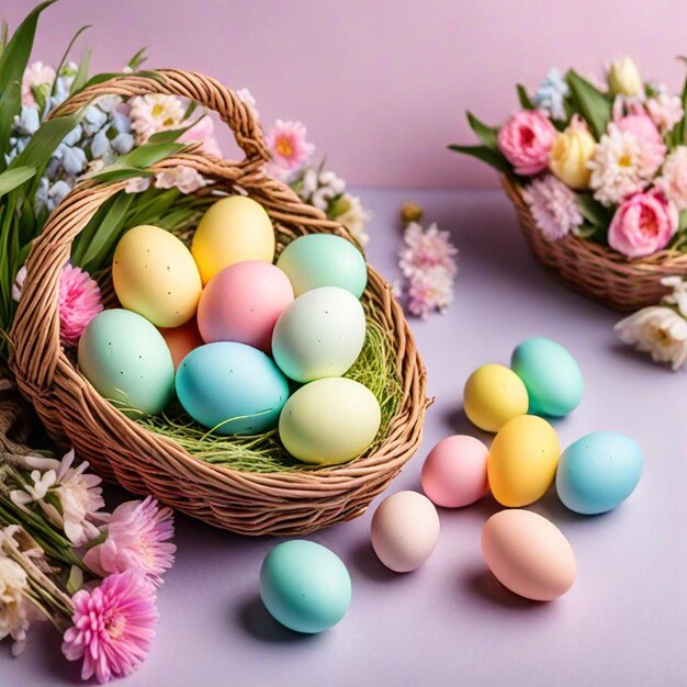 a basket of easter eggs with flowers and flowers on a table