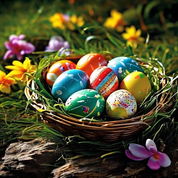 a basket of easter eggs with flowers and a purple flower in the background