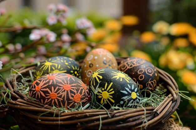 Foto un cesto di uova di pasqua con fiori e un fiore giallo