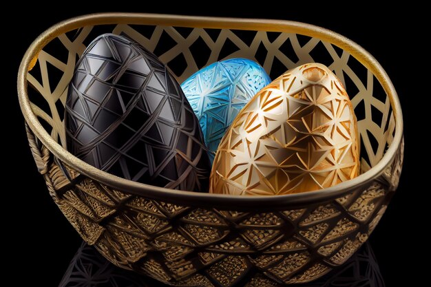 A basket of easter eggs with a gold and blue design