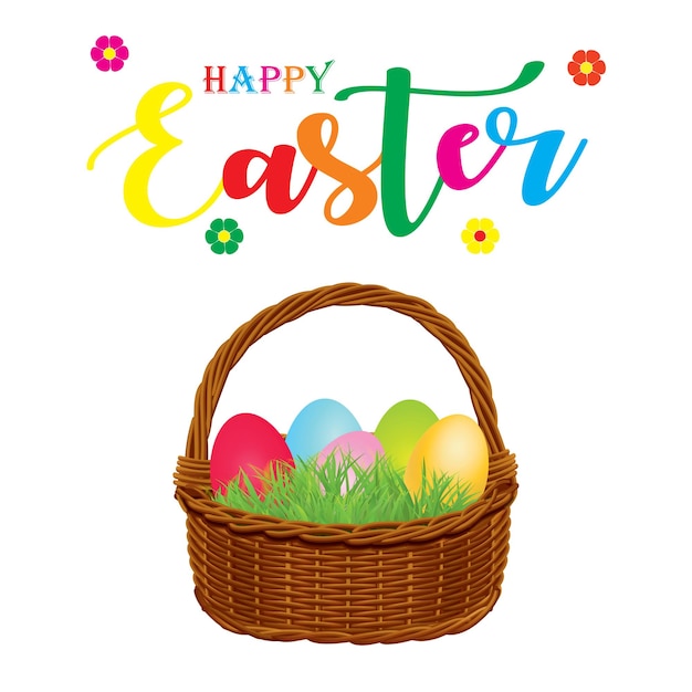 a basket of easter eggs with a happy easter in the background