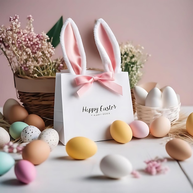 a basket of easter eggs with a pink bow on the front