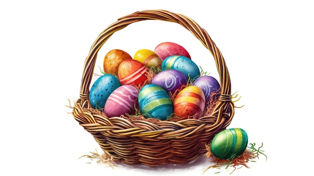 A basket of easter eggs with the word easter on the bottom.