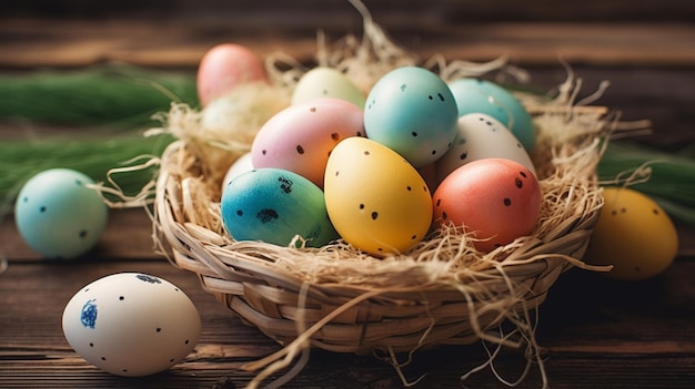 A basket of easter eggs with the words easter on the top