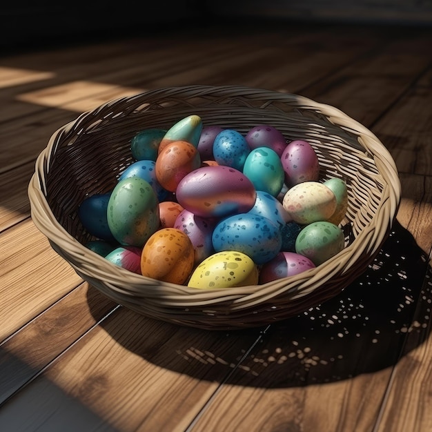 A basket of easter eggs on a wooden floor.